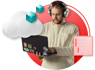 A partner wearing headphones holds his laptop in front of himself while working. A cloud, two teal cubes, and a code window hover in the space around him.