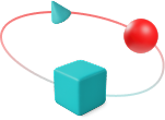A stylized 3D image of a teal cube, teal cone and a larger red sphere, connected by the outline of an ellipse.