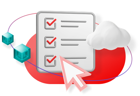 A checklist with an oversized cursor hovering over it, while a couple of cubes float on one side and a cloud floats on the other