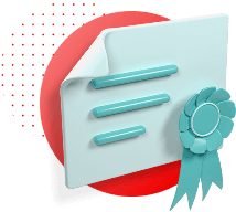 A 3d rendering of a training certificate floating above a circular red background with dots to the left of it.