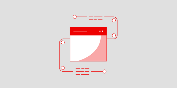 Red and white stylized illustration of a web browser window with connected lines and nodes on a gray background, representing one-shot automation for workloads.