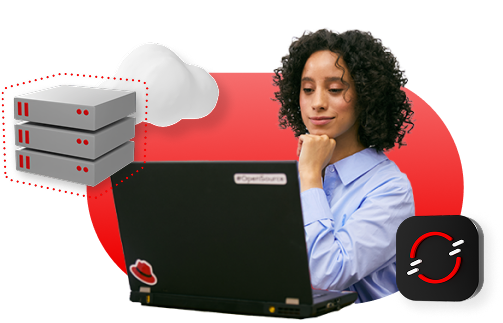 Red Hat partner working on her laptop with a virtual server graphic and fluffy cloud hover over head.