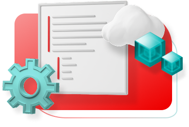 Collage with a document with a list on it surrounded by a teal gear on the left and a cloud with teal boxes next to it on the right. Represents training for partners.