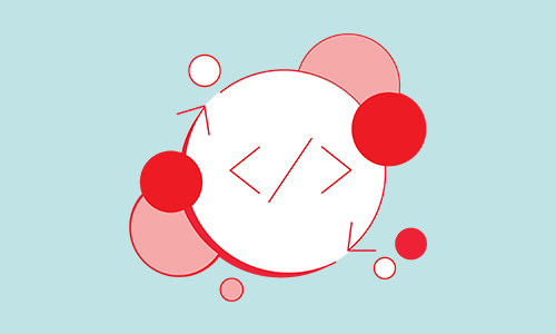 A graphic of a circle made out of two arrows. In the center there are angle brackets with a forward slash in the middle. Red, pink, and white circles with red borders float on and around the graphic.