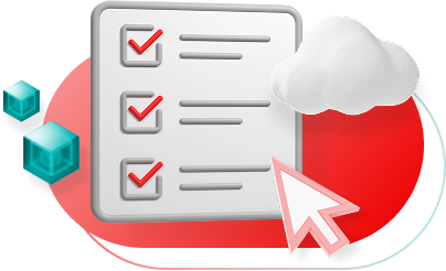 A checklist with an oversized cursor hovering over it, while a couple of cubes float on one side and a cloud floats on the other