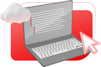 Open laptop graphic with a 3D cloud on the upper left corner and mouse approaching the screen to click
