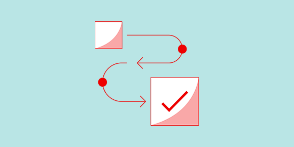 A small cube with arrows providing a path to a larger cube with a large check mark inside