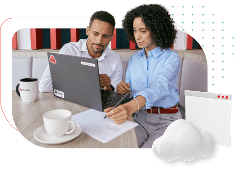 Collage of two people working on a laptop at a table. Clouds and a dialog widow floating to the right.