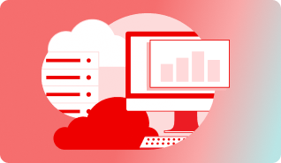 Gradient background graphic with cloud illustrations and a desktop