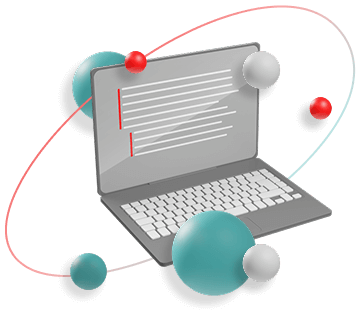 Laptop with teal and grey spheres floating around it. Some of the sphere are following an oval and orbiting around the laptop.