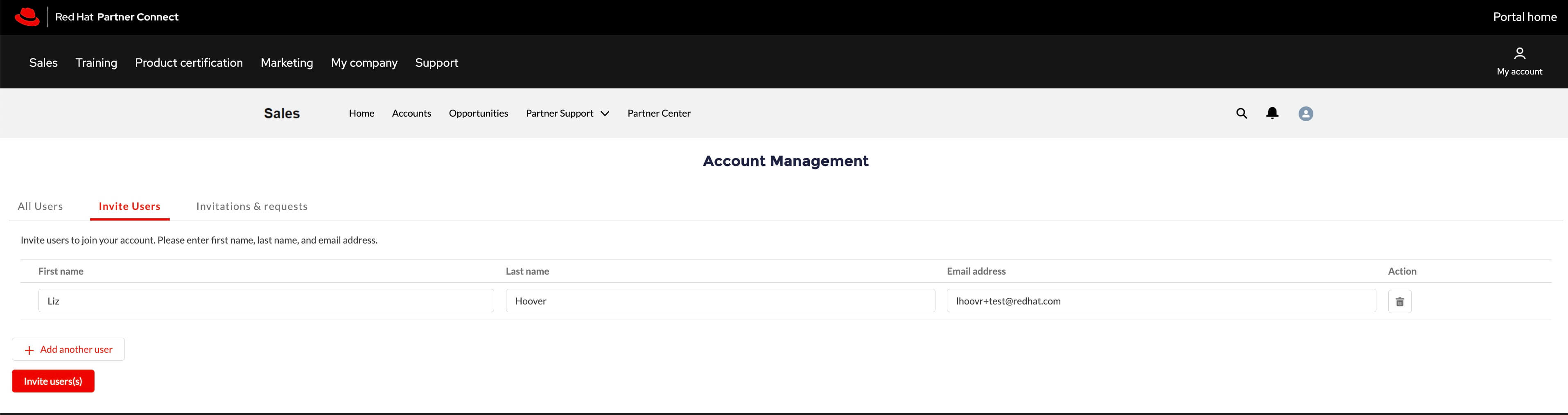 Enter first name, last name and email address of the new user to be invited