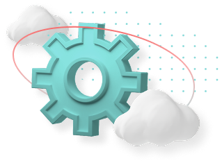 Light seafoam green gear with two clouds on either side and a red single orbit encompassing the gear