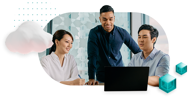 Three colleagues reviewing information on a platform as a group with a cloud graphic to their left and blue cube graphics to their right