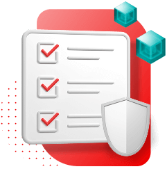 A checklist with a shield icon floating to the right. The checklist floats above a red background with teal cubes.
