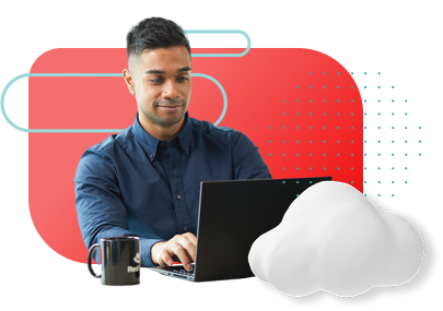 Image of a man working on a laptop with his coffee and graphic lines and white cloud as illustration details