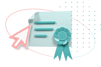 Certificate with ribbon over a checklist floating above a circular dot pattern. A mouse cursor floats to the left. Represents rewards.