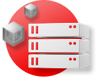 The graphic two gray cubes next to 3 stacked hard drives with red buttons accents on each