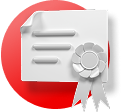 This graphic shares a white 3D paper certificate and ribbon on top of a flat 2D red circle