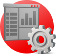 Strategic enablement graphic with a window displaying a spreadsheet and 3D gear off to the right