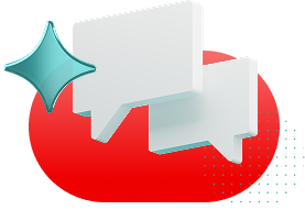 Squarish speech bubbles hovering over a red pill shape with a teal sparkle 