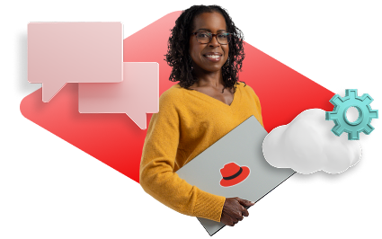 Lady in yellow sweater holding a laptop with a diamond shaped background. Two chat windows float to the left and a cloud with a gear are to the right.