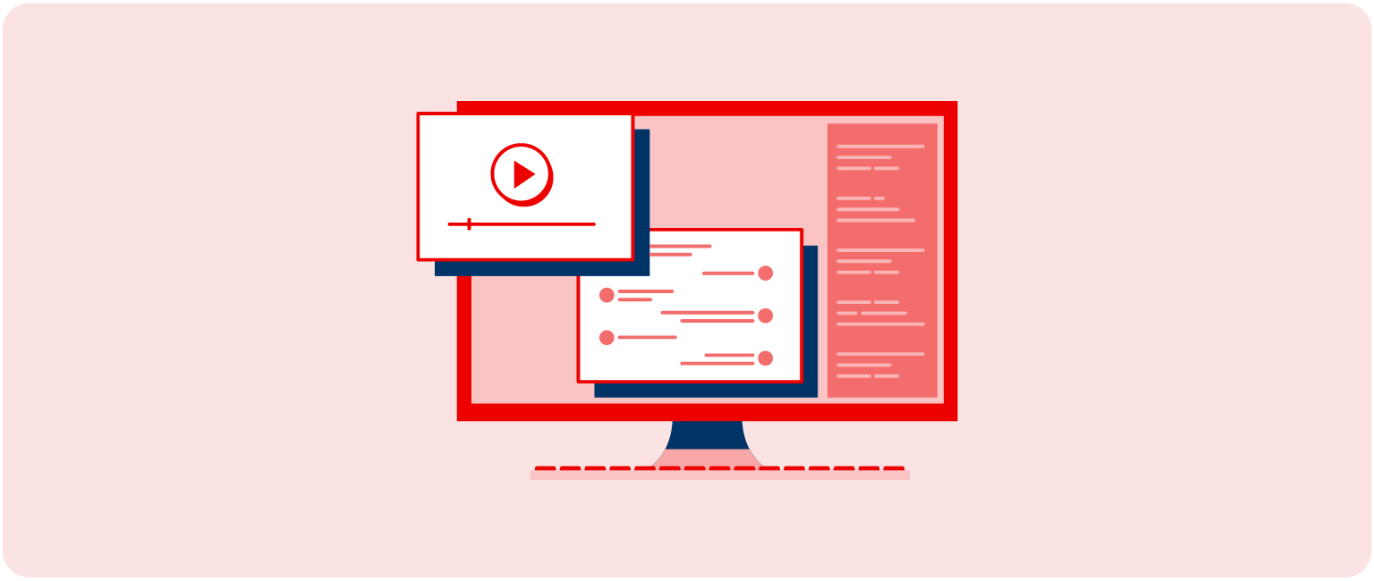 Illustration of a computer monitor displaying a video player, a checklist, and text documents on a pink background.