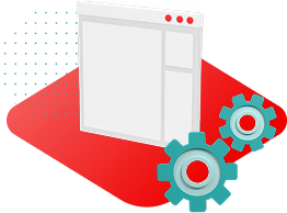 dashboard with two teal gears sit on top of a red diamond shape