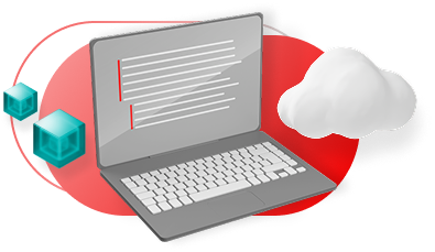 Simplified image of an open laptop with teal cubes hovering to one side while a fluffy cloud hovers over the other.