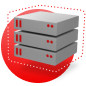 Server stack surrounded by a dotted line hovers over a red circle