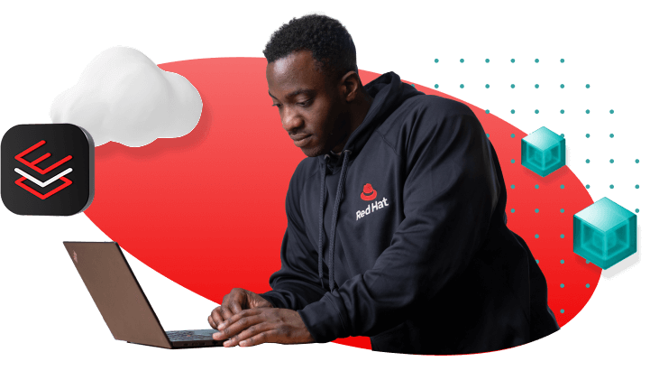 Partner works at his open desktop computer while a cloud, some cubes, and the Red Hat Enterprise icon float around him