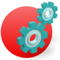 Teal gears nested hovering over a red circle