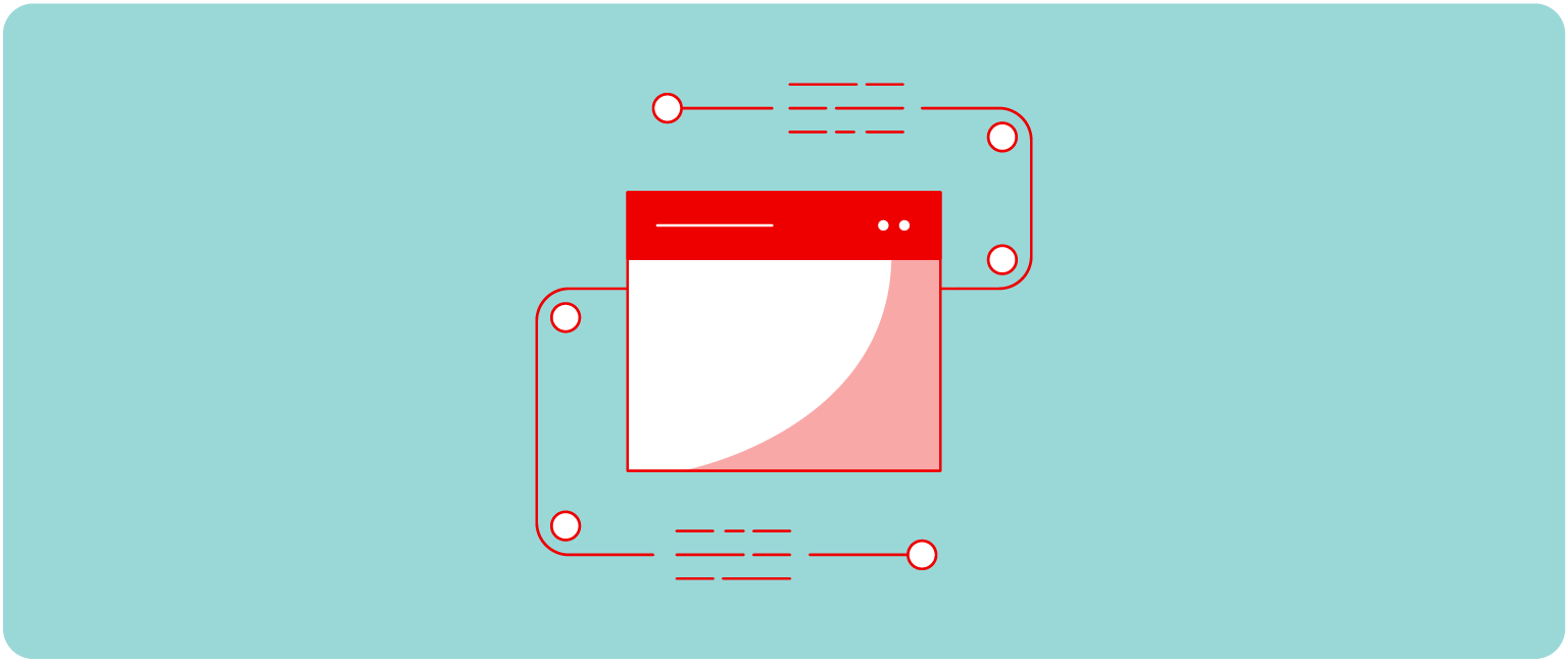 Red and white stylized illustration of a web browser window with connected lines and nodes on a teal background, representing one-shot automation for workloads.