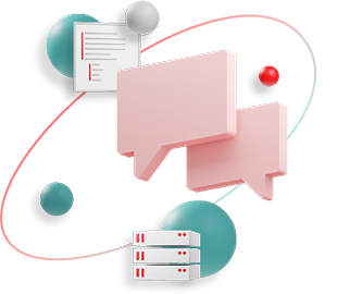 Graphic with chat windows floating above an oval and spheres with a text dialogue above and a server rack below. The graphic represents support for partners.