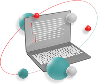 Laptop with teal and grey spheres floating around it. Some of the sphere are following an oval and orbiting around the laptop.