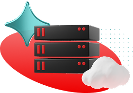 A collage with a black serverstack with a large teal sparkle behind and a cloud floats in front