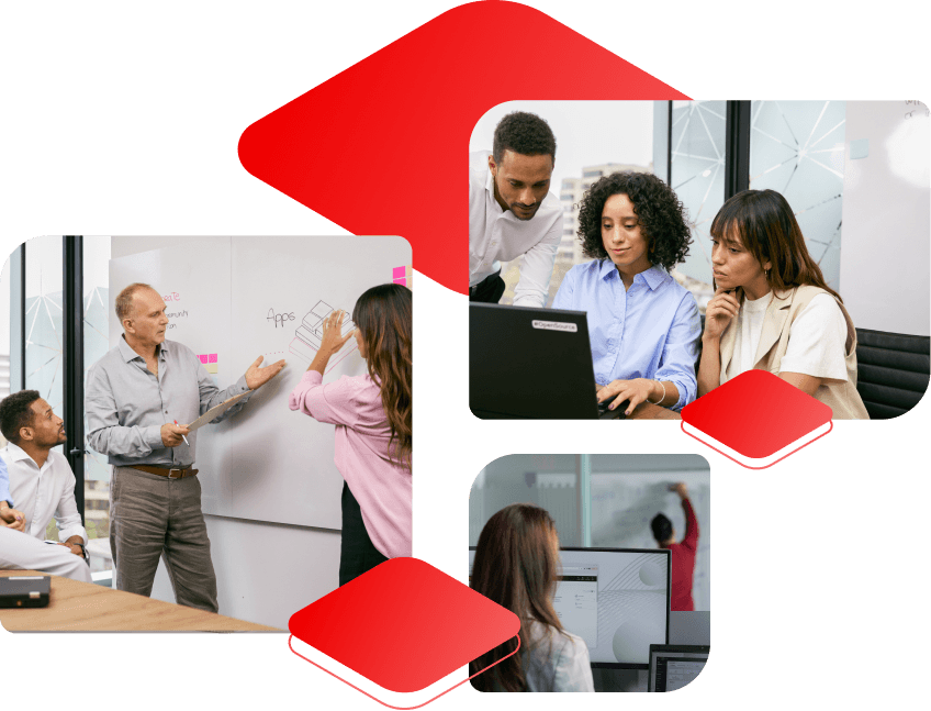 A collage of diverse teams collaborating in an office, working at a whiteboard and on a laptop