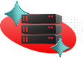 A server cluster icon showing three stacked servers on a red platform with two teal sparkles
