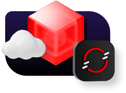 Hybrid Cloud concept with a red technology cube, a cloud, and an OpenShift icon