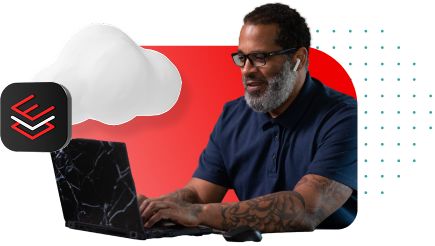 A developer works on a laptop with a cloud and Red Hat Enterprise Linux icon graphic