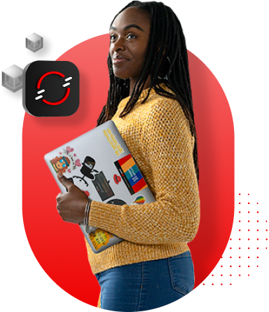 A young woman holding a sticker-covered laptop stands near an OpenShift icon