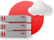 Hybrid Cloud graphic with three stacked servers and a white cloud against a red circle