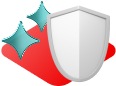 Gray security shield with two teal sparkles against a red background