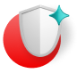 Shield with a teal sparkle sits on a red circle