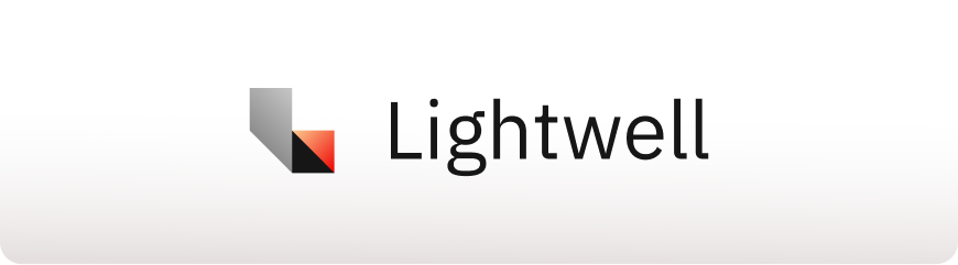 Lightwell logo, with a geometric gray, black, and red icon