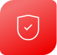 Shield with a check mark on the front sits on a red square with rounded corners