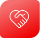 White icon of a handshake forming a heart on a red rounded square