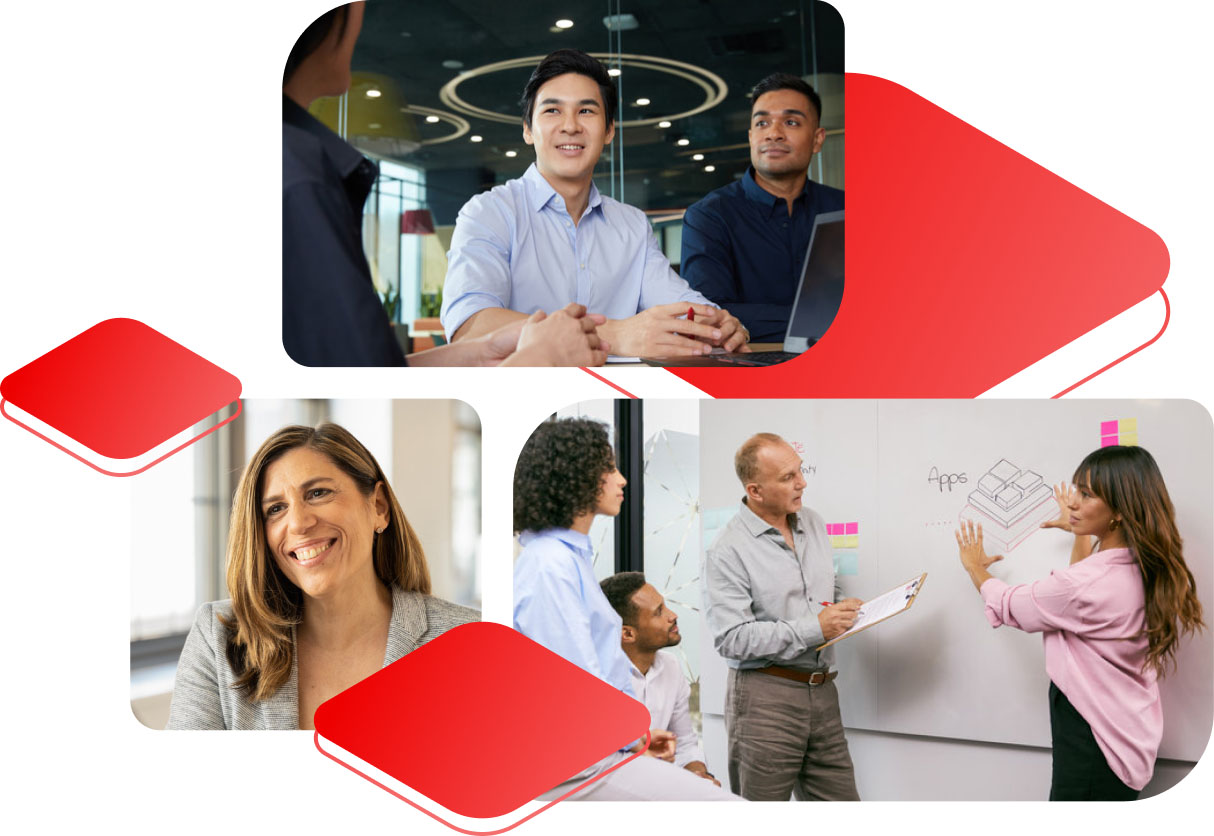 Collage of professionals collaborating among Red Hat Enterprise Linux platforms