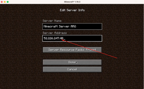 Screen capture of the new server info